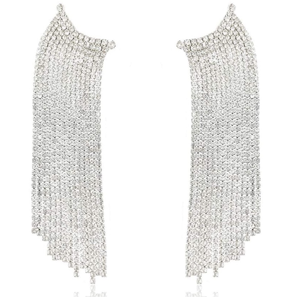 Silver Tassel Chandelier Rhinestone Earrings 💎